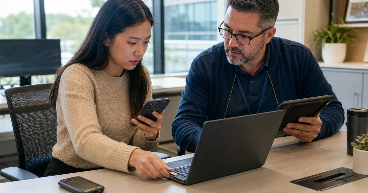 IT specialist helping an employee enroll a phone and hardware security key for secure sign-in