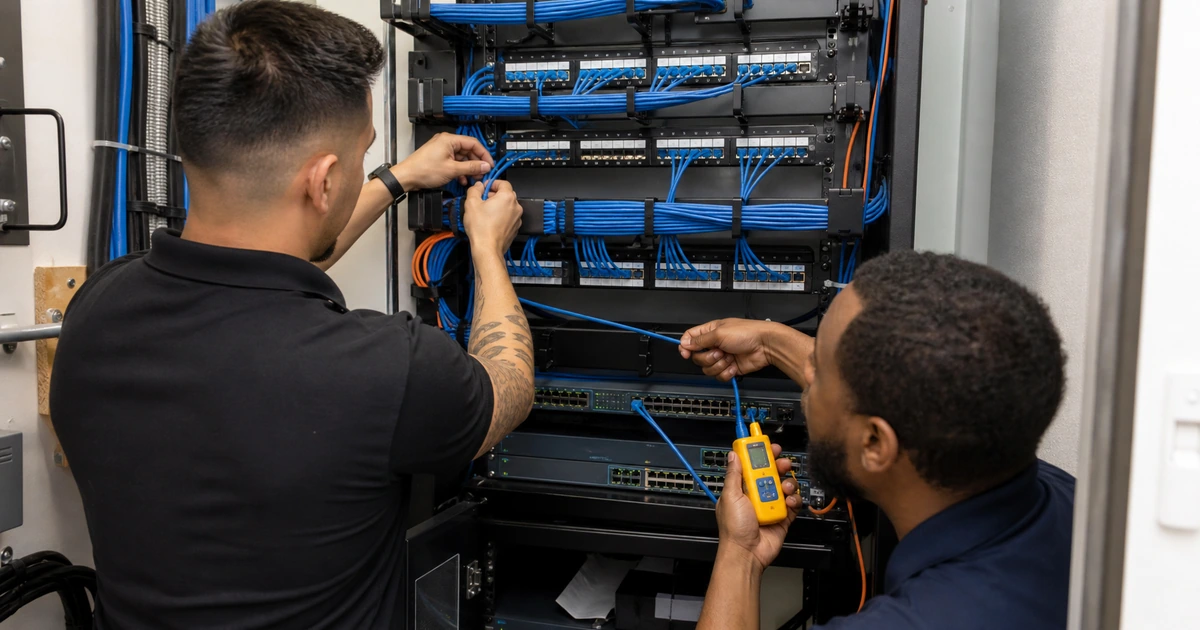 Technicians tracing patch cords and organizing cable management inside an office network closet