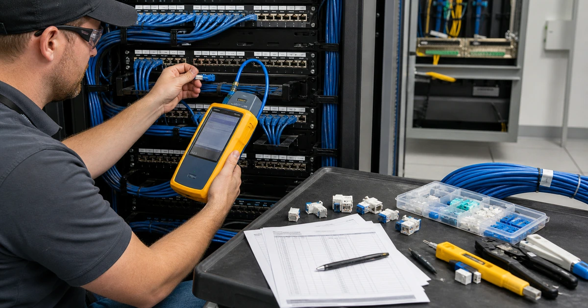 Certified cabling technician testing a newly terminated link at a commercial patch panel