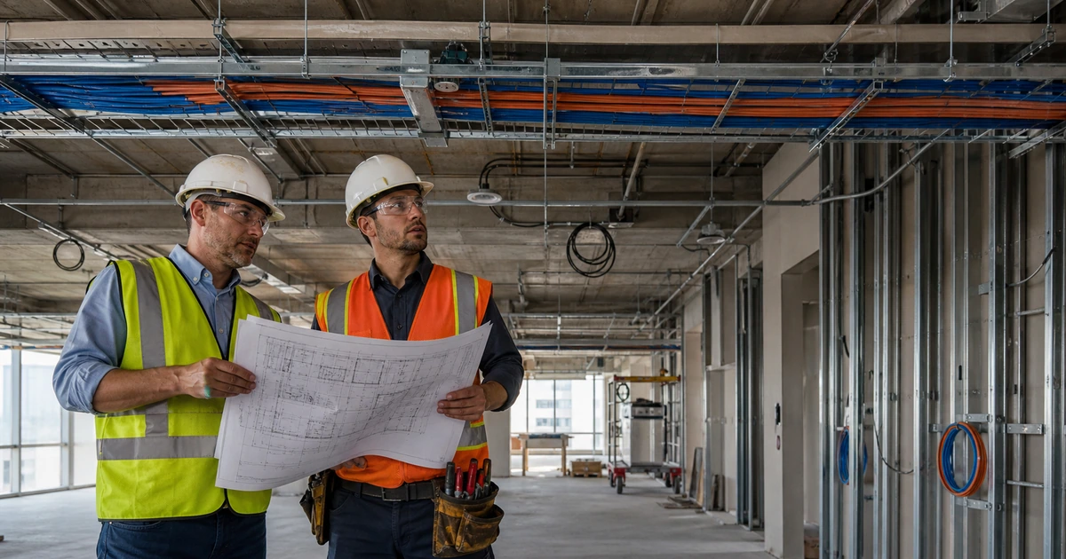 Low voltage project leaders reviewing office construction plans beneath copper and fiber cable trays