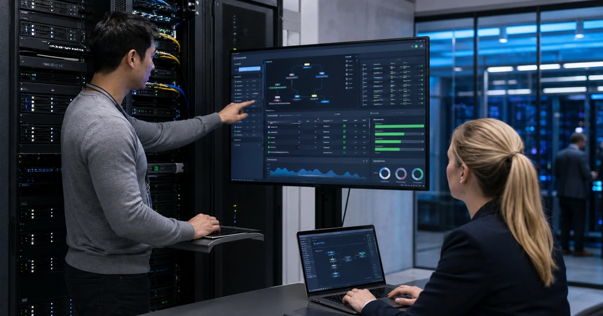 Infrastructure engineers managing local systems cloud data and disaster recovery status in a server room
