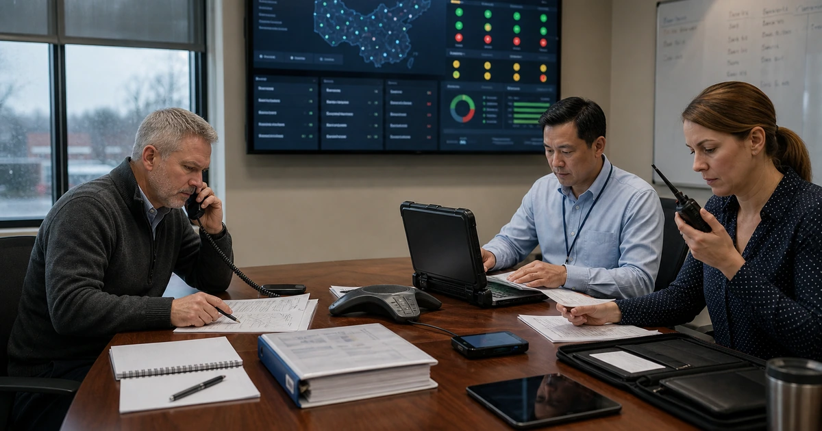 Business continuity team auditing recovery roles communication devices and restore documentation