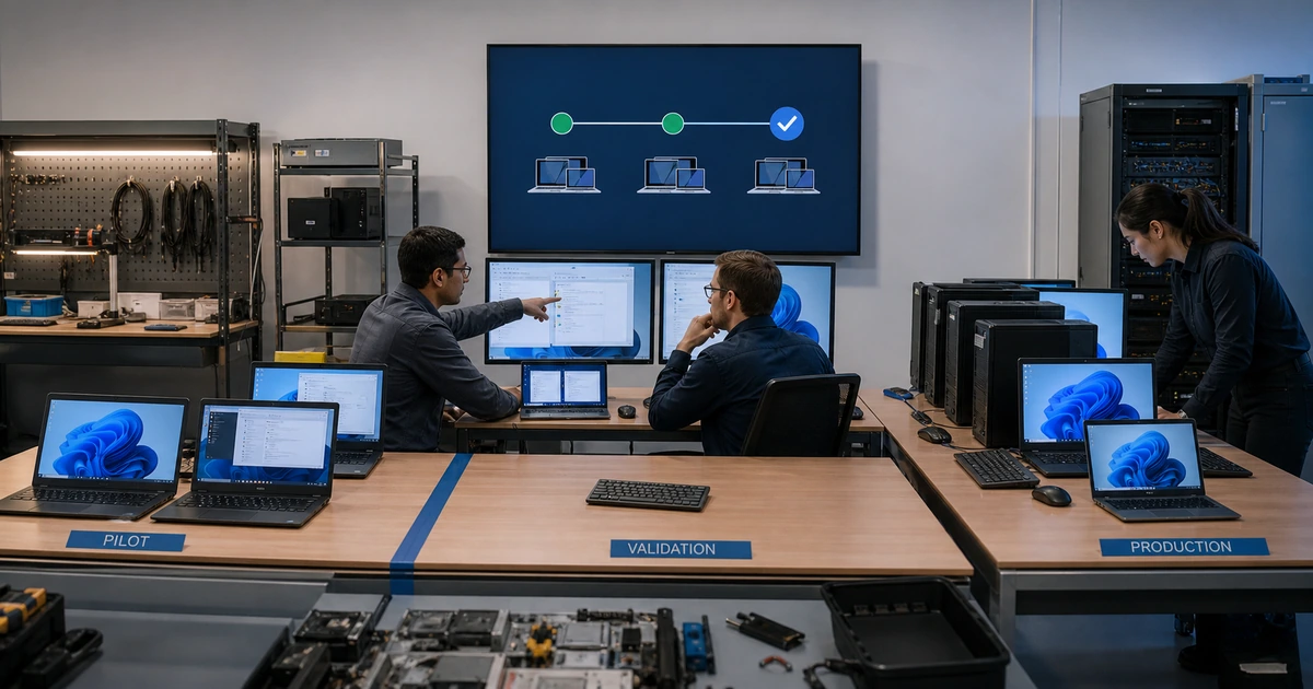 IT technicians validating pilot and production device groups during a staged patch deployment