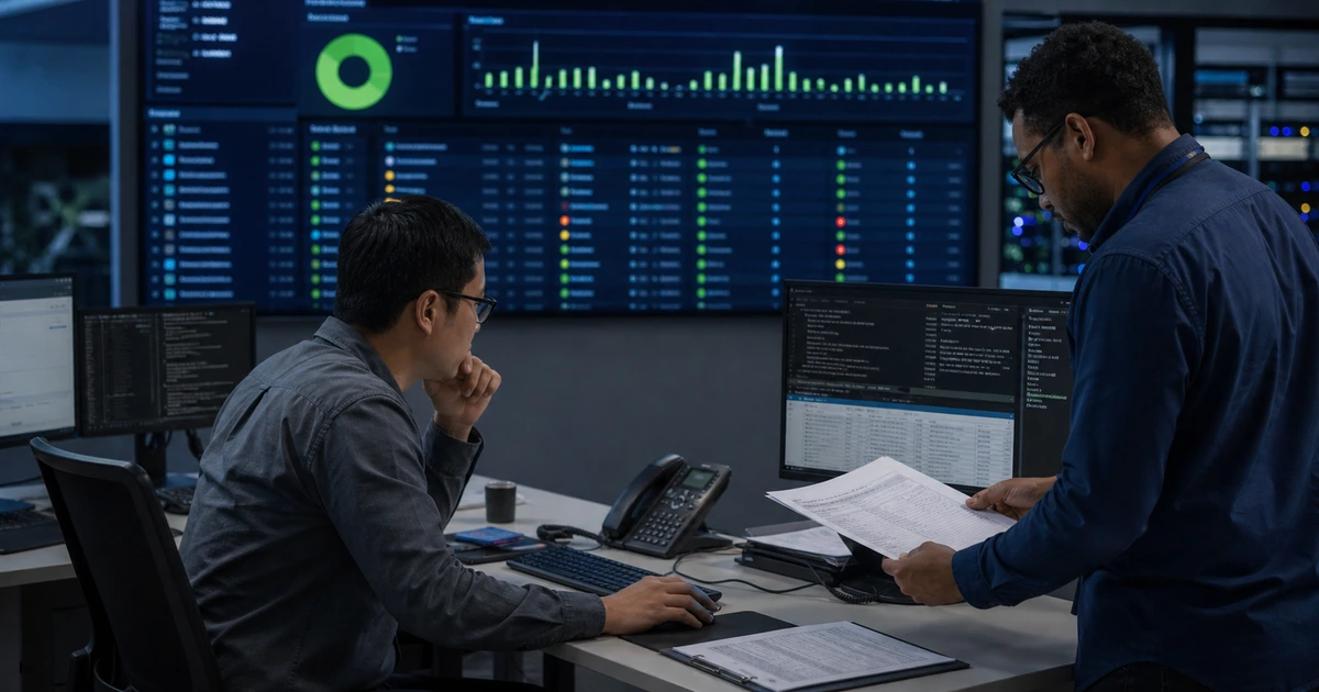 IT engineers auditing failed updates patch exceptions and rollback readiness in an operations center