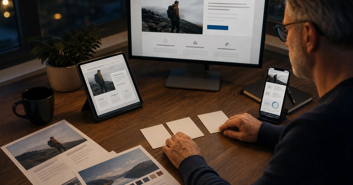 Senior marketer comparing a campaign landing page across desktop tablet and mobile before prioritizing improvements