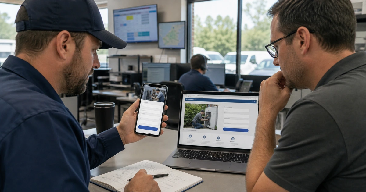 Field service technician and web specialist testing a mobile quote form against its campaign landing page