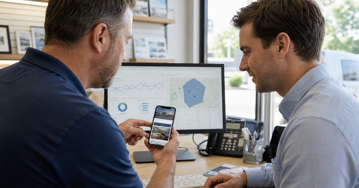 Local business owner and digital marketer reviewing a mobile landing page with calls forms and service area data