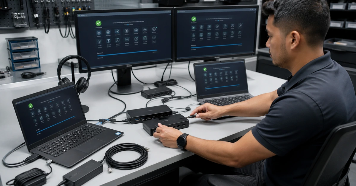 Support specialist comparing laptops docks adapters and cables at a technical diagnostics bench