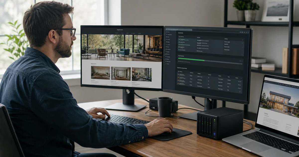 Web developer creating a restore point in staging before updating a business website plugin