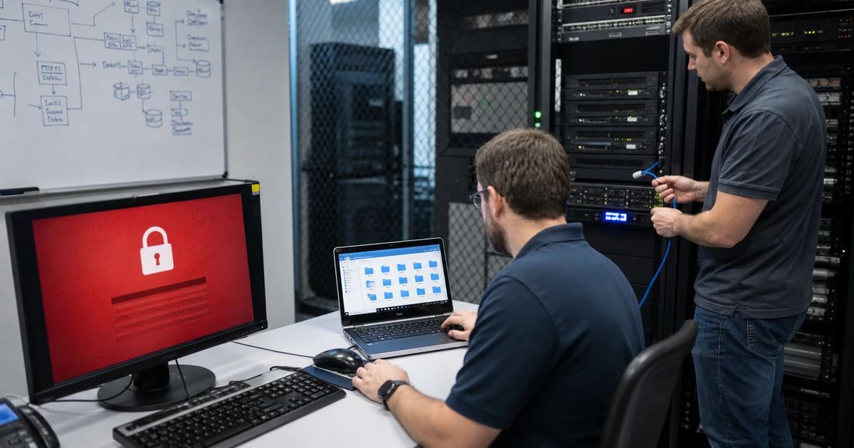 IT team isolating a ransomware test system and verifying a clean backup restore