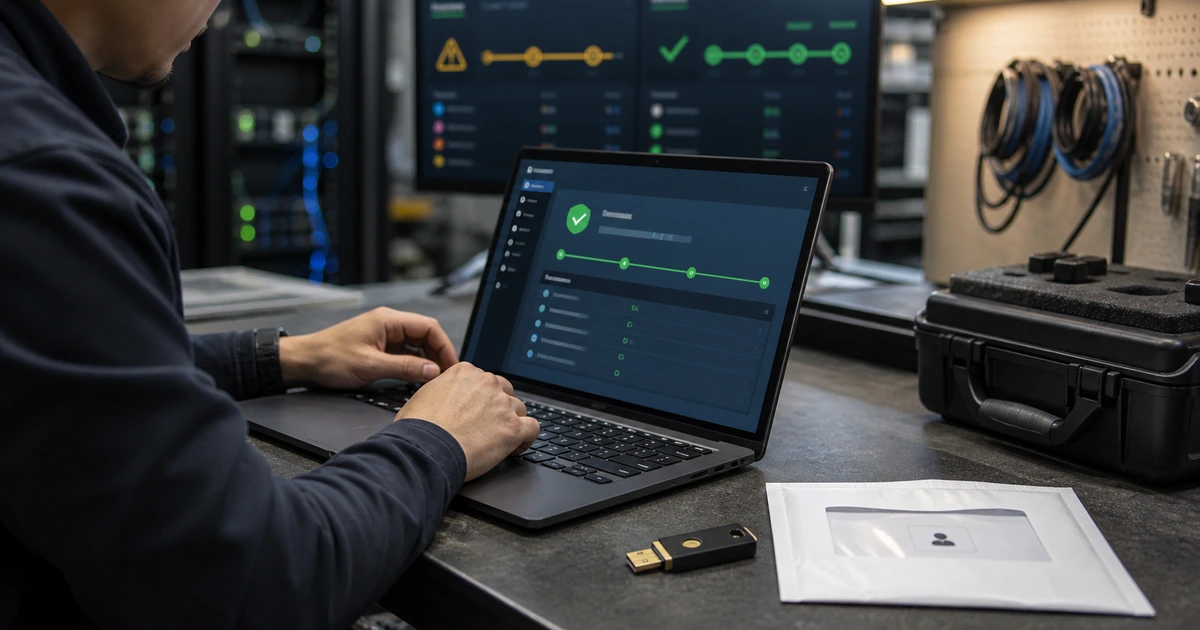 Security engineer verifying endpoint protection before issuing account credentials and a security key