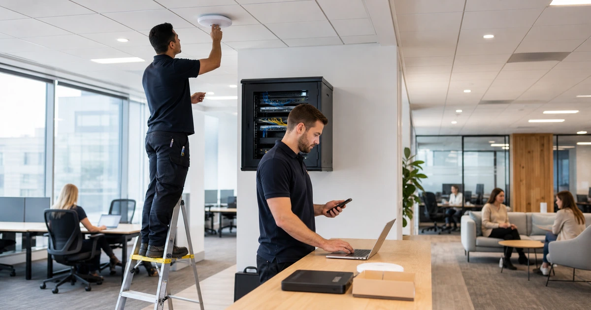 Wireless technicians installing an office access point and testing connections from a laptop and phone