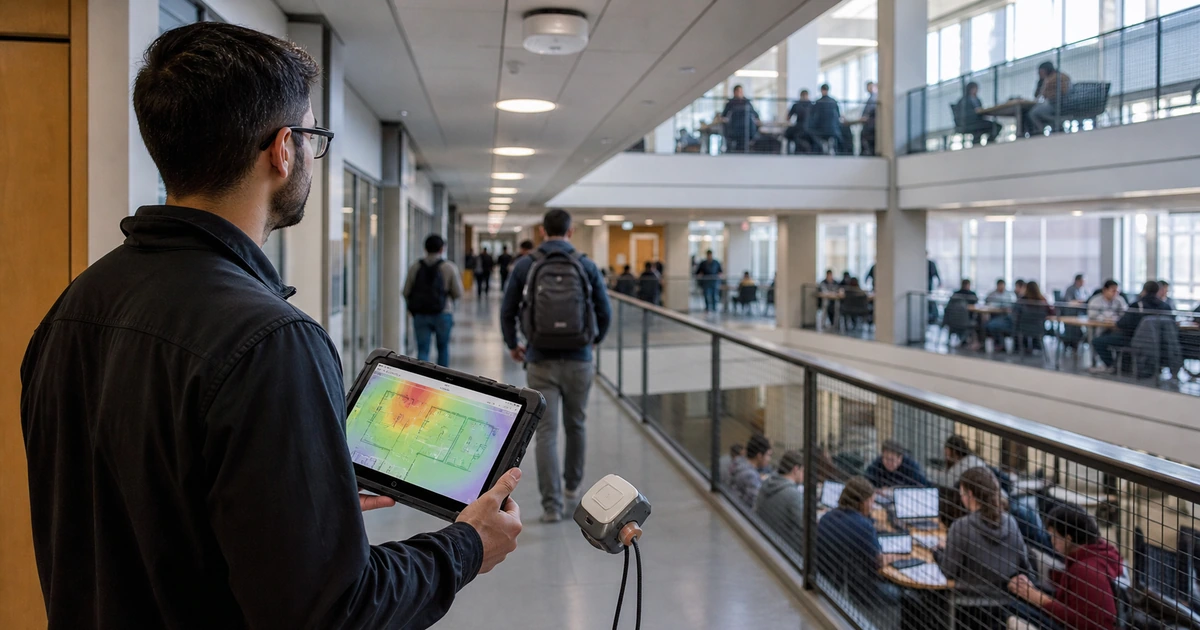 Network engineer conducting a wireless heatmap survey through a busy multilevel building