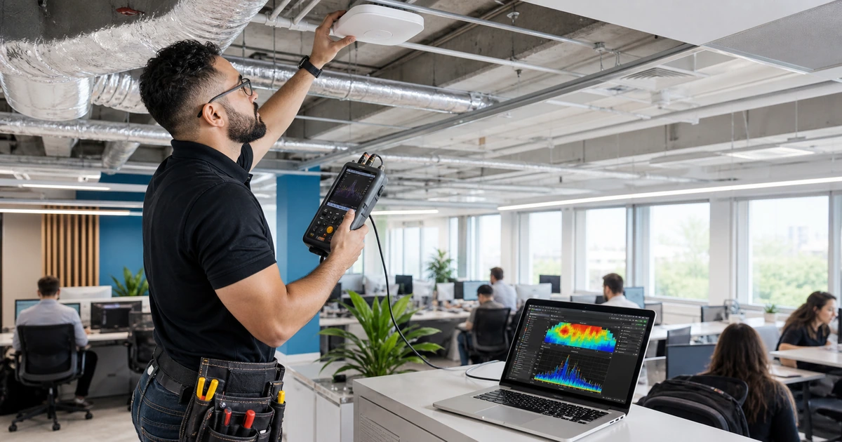 Wireless technician repositioning an office access point while checking the radio spectrum