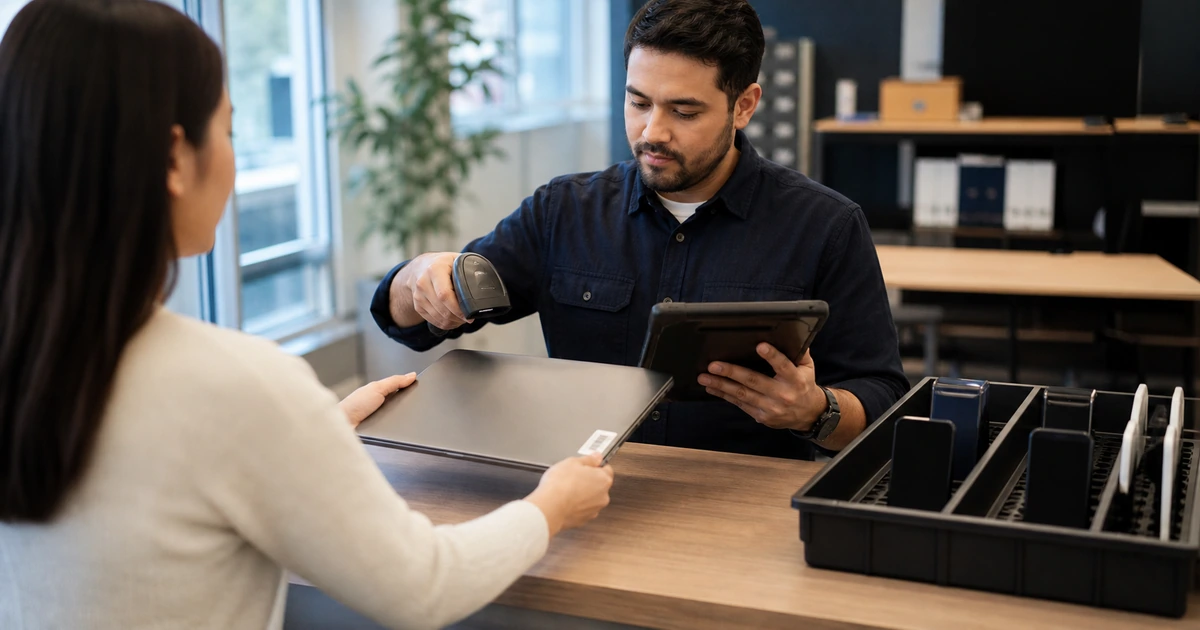 IT support specialist scanning a business laptop and verifying device enrollment before configuration