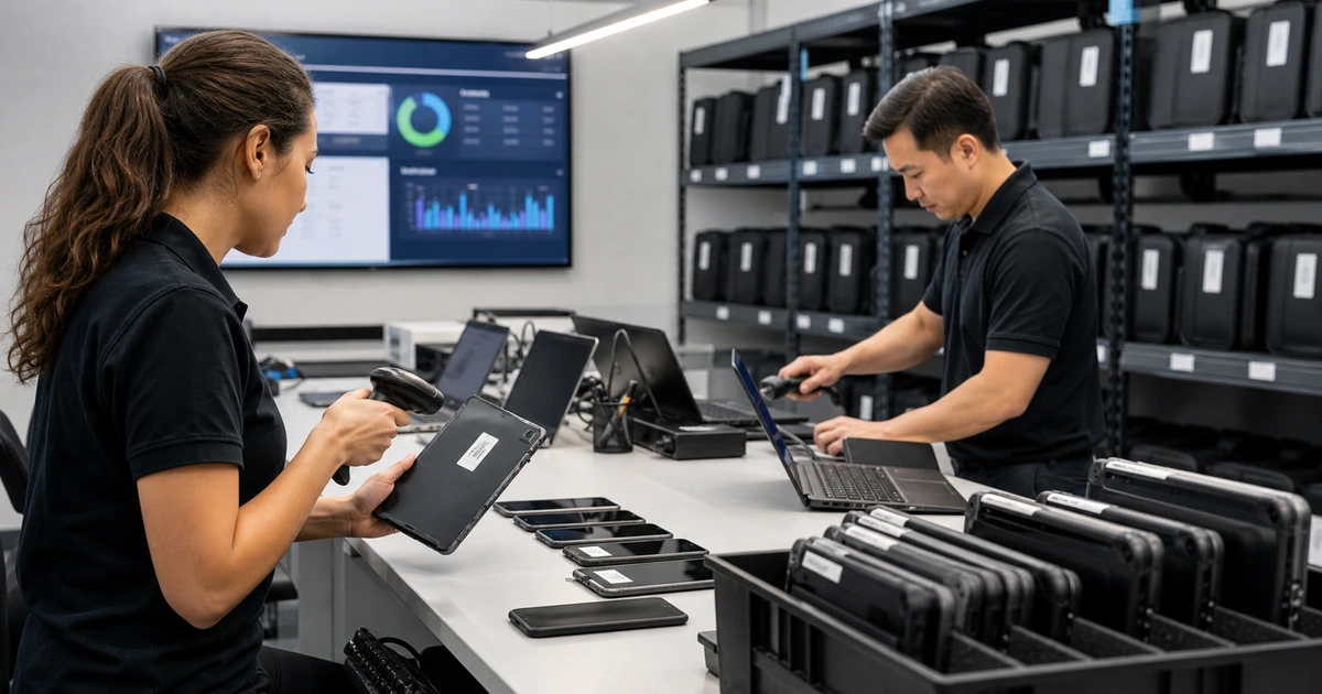 IT technicians enrolling tagging testing and organizing business laptops tablets and phones