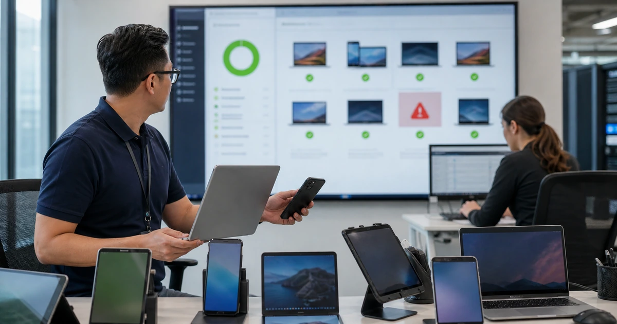 IT administrators reviewing enrollment and compliance risks across business laptops phones and tablets