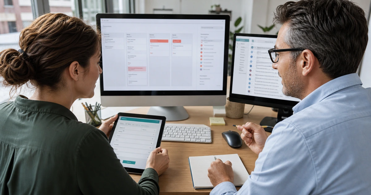 Web and sales operations specialists tracing a test lead from a tablet form into a CRM pipeline