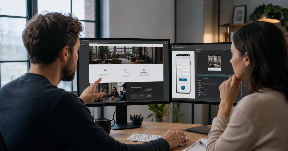 Web designer and marketing specialist refining a service page and mobile contact form