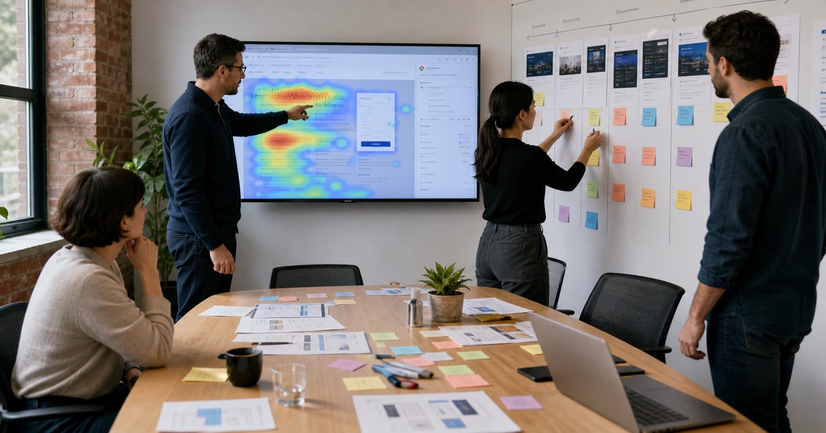 Web and marketing team prioritizing website improvements from heatmaps page reviews and form data