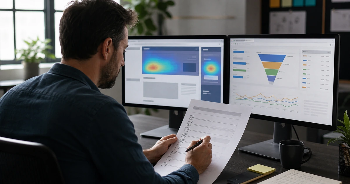Conversion strategist comparing service page heatmaps form completion data and a practical review checklist