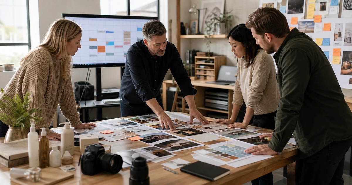 Marketing leadership team organizing campaign assets priorities content and measurement around a worktable