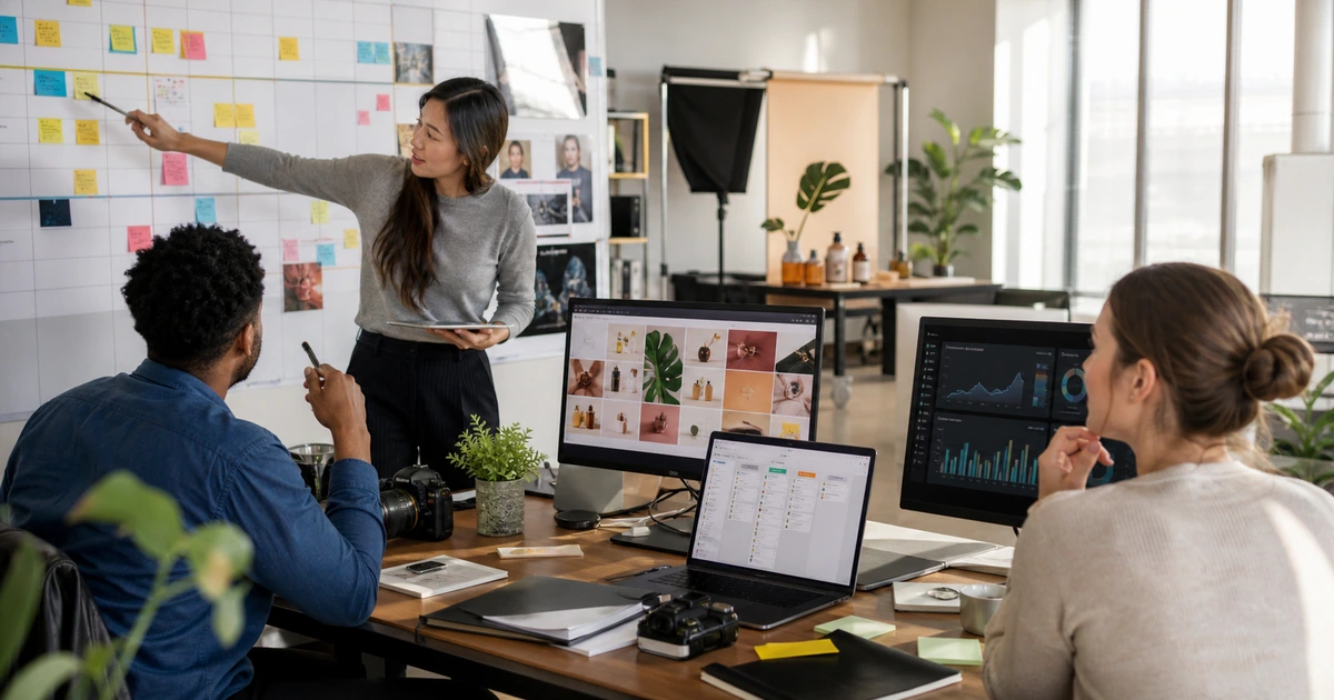 Marketing team coordinating campaign planning creative production analytics and sales follow up