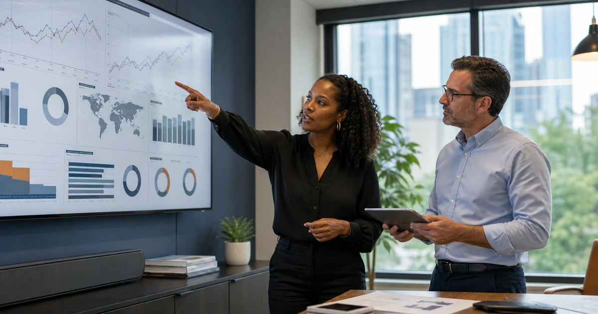 Marketing leader and business owner reviewing campaign performance positioning and revenue trends