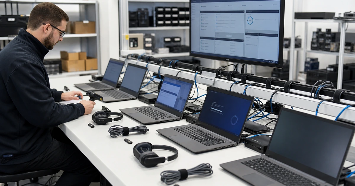 IT technician provisioning and testing business laptops at an organized device staging bench