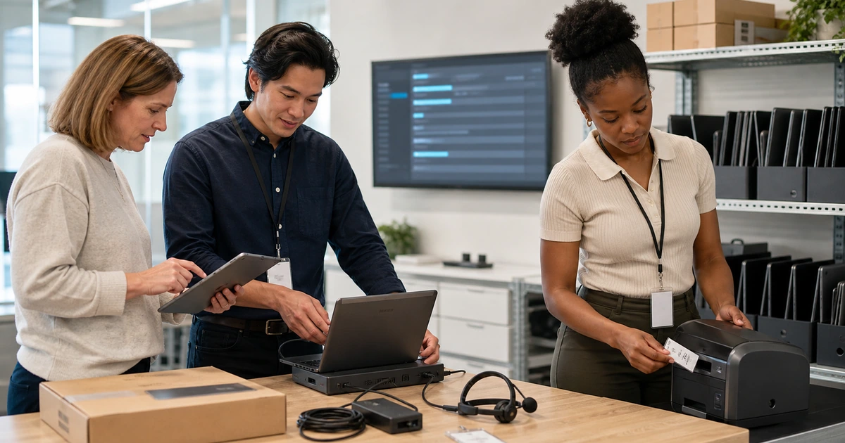 Operations manager IT technician and workplace specialist completing a coordinated new hire setup