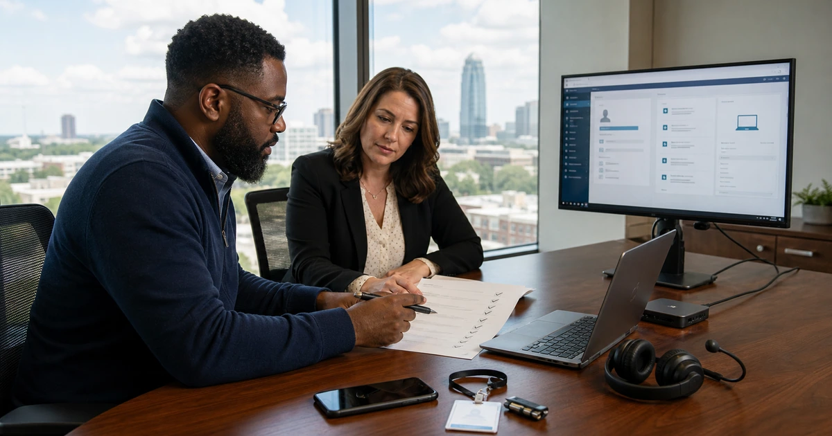 IT administrator and manager auditing account approvals equipment and first day readiness
