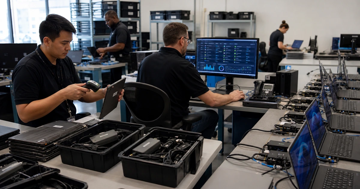 IT deployment team installing and verifying endpoint protection across business laptops and workstations