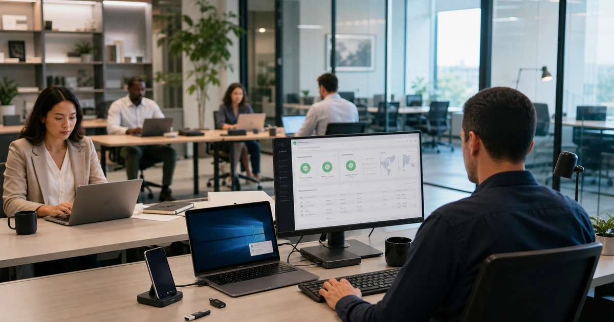 Security administrator monitoring protected business laptops and phones while employees work