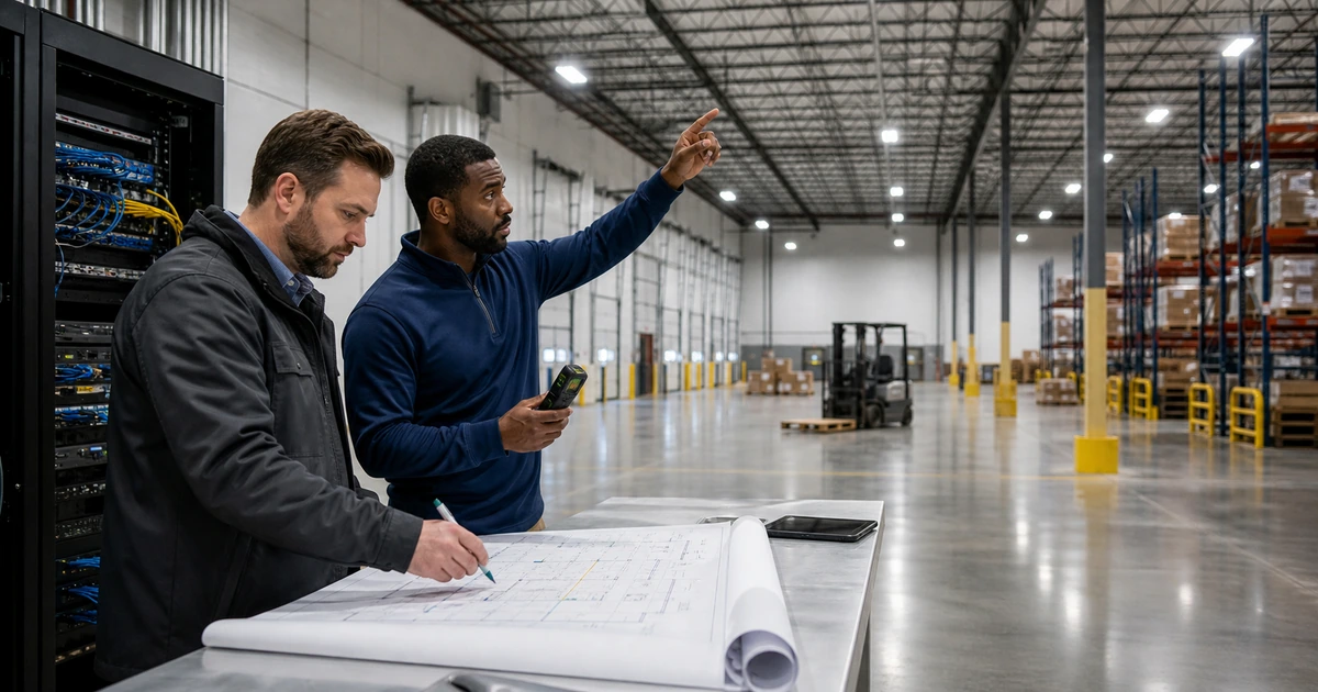 Security installer and operations manager planning warehouse camera locations and cable routes