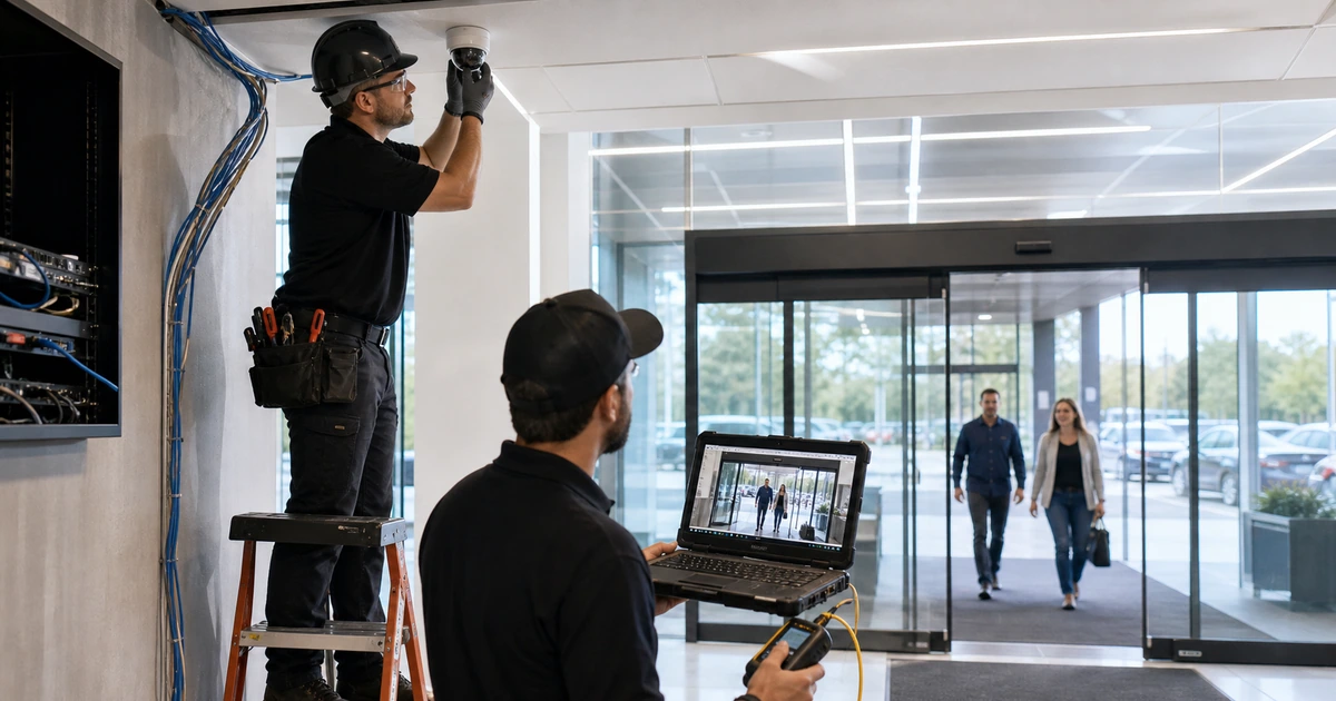 Security installers aiming a ceiling camera and validating the entrance field of view on a laptop