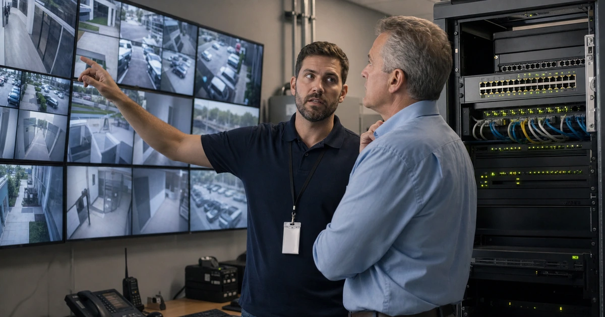 Security integrator and facilities manager reviewing camera views beside a PoE network rack