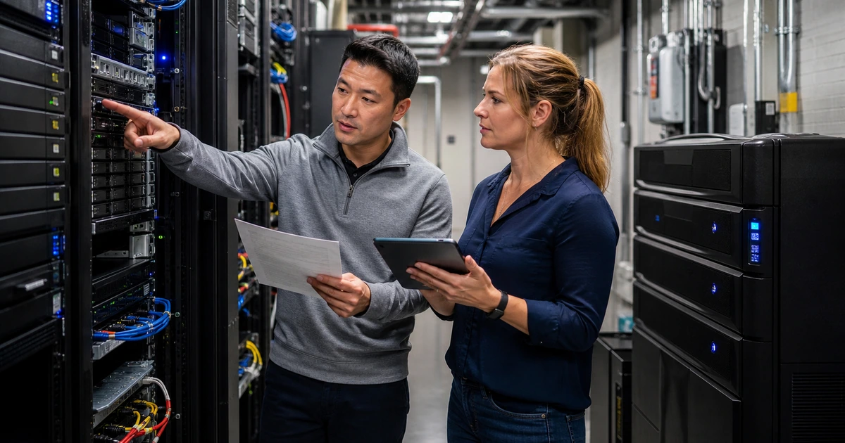Infrastructure team checking recovery procedures against physical backup systems in a data center