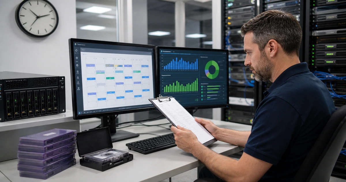 Backup engineer reviewing a restore test schedule recovery metrics and removable test media