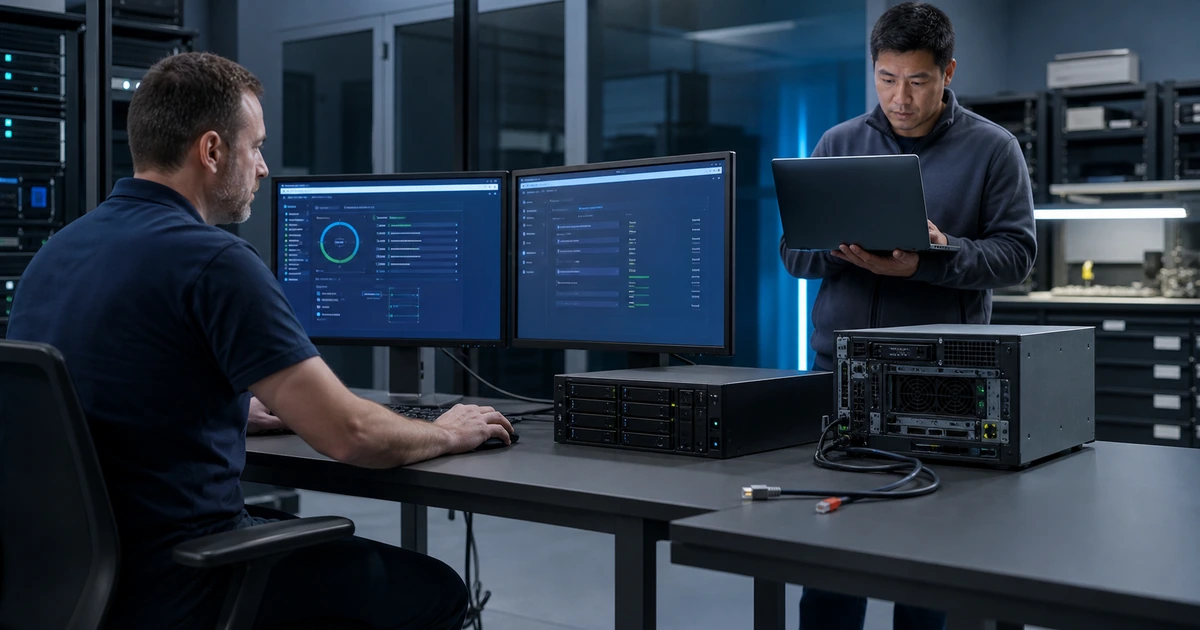 Backup technician testing isolated recovery equipment and verifying protected systems in a recovery lab