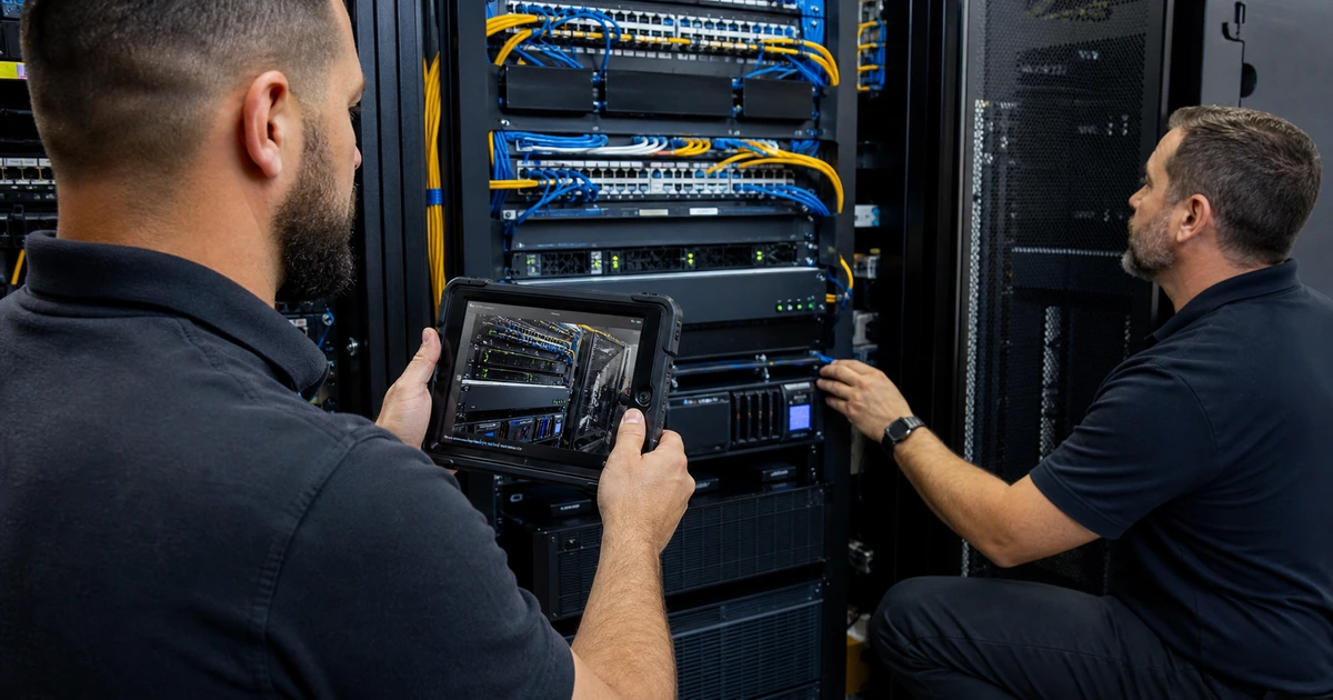 Technicians recording network connections equipment configurations and recovery details from the actual environment