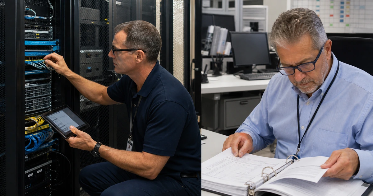 IT engineer auditing network rack details while a service manager reviews ownership and recovery documentation