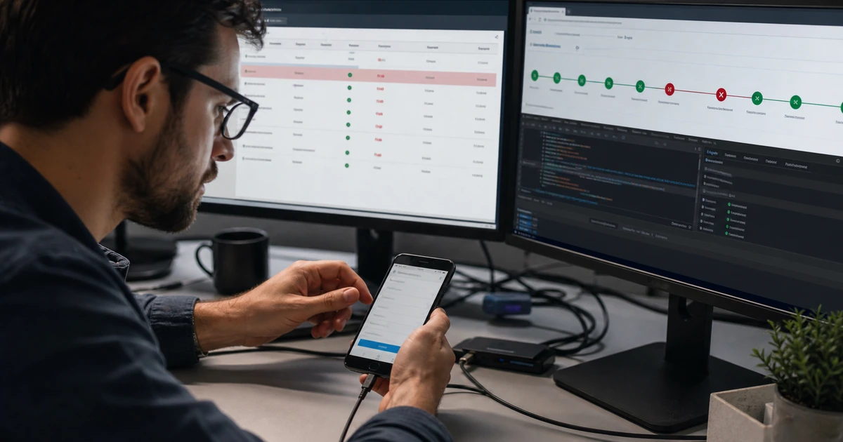 Technical marketer testing a mobile form while tracing failed conversion events in browser developer tools