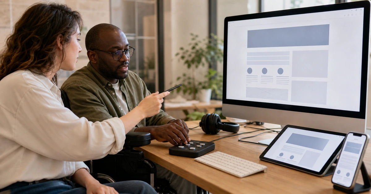 Inclusive design team reviewing an accessible service page across desktop tablet and mobile devices