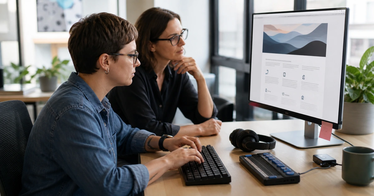 Accessibility specialists testing a business service page with keyboard navigation and assistive technology