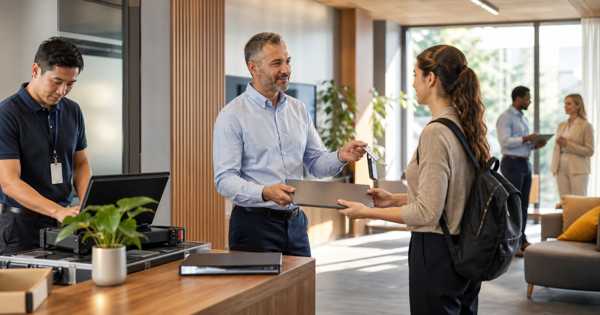 Manager providing a configured laptop and access badge during an organized employee onboarding session