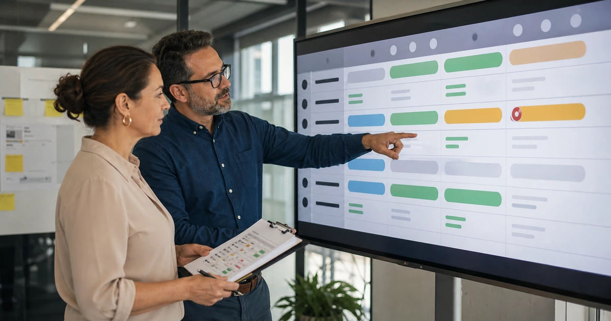 Operations leaders reviewing employee workflow status approvals and process handoffs on a large display