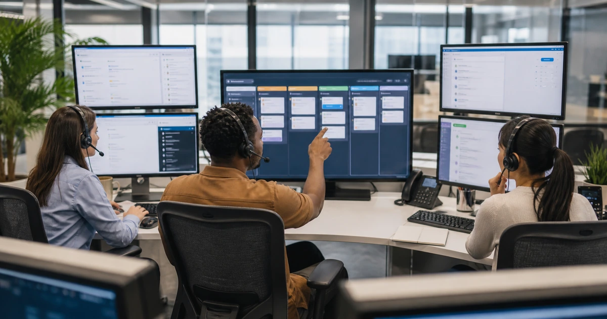 Support team coordinating ticket intake categories assignments and service outcomes