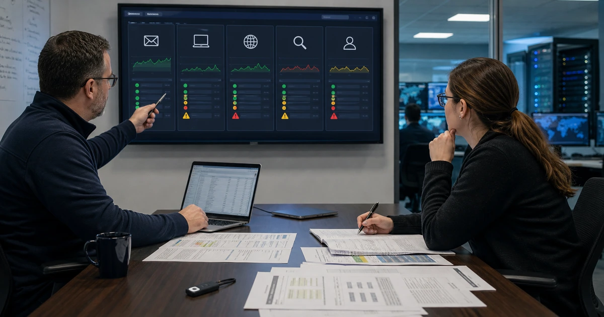 Security consultant and web administrator reviewing email endpoint browser website and identity protection