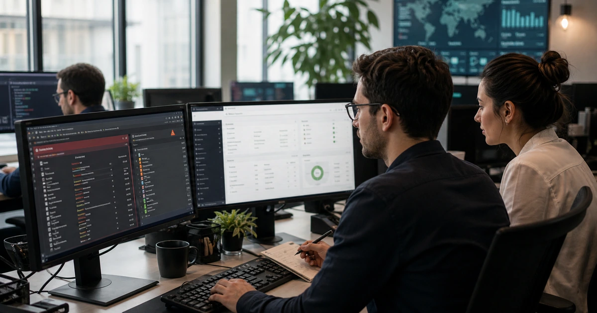 Website security analyst investigating a quarantined malicious file while support staff document the incident