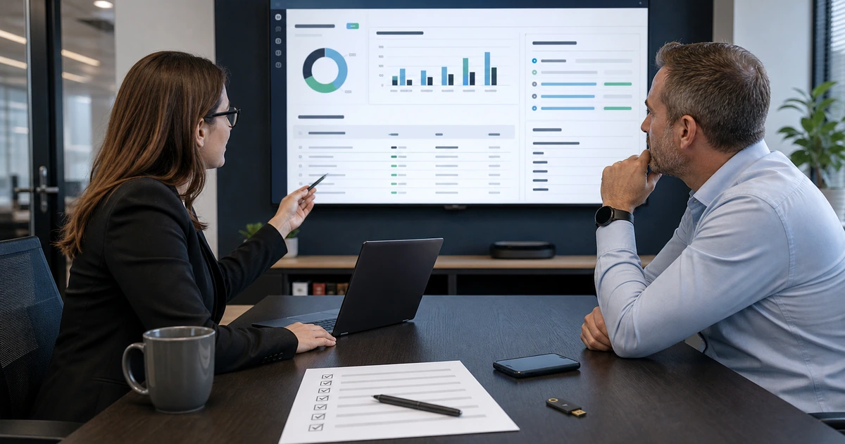 Security coordinator and business leader reviewing phishing simulation results and follow-up assignments